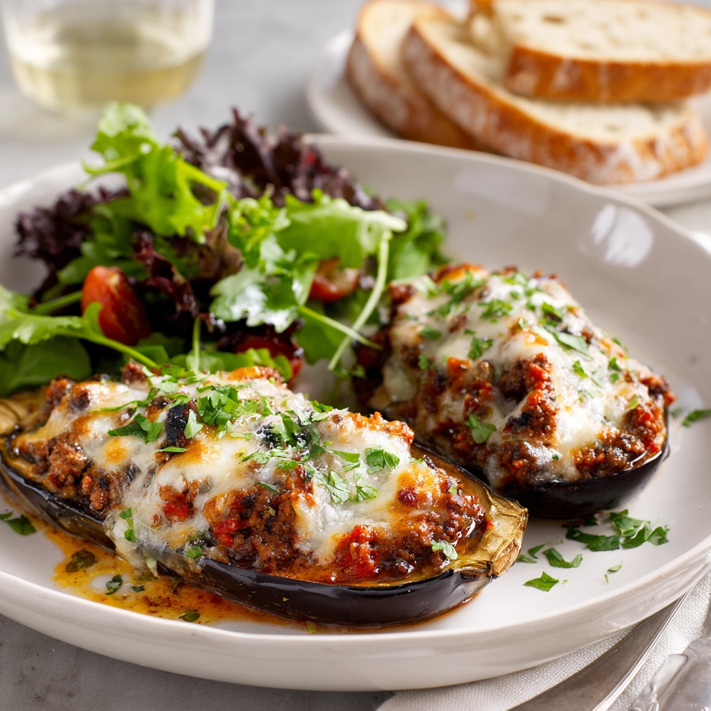 Melanzane Ripiene stuffed eggplants served with salad and bread