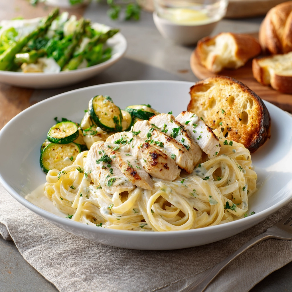 Creamy Boursin chicken pasta served with roasted vegetables, toasted baguette, and a fresh green salad