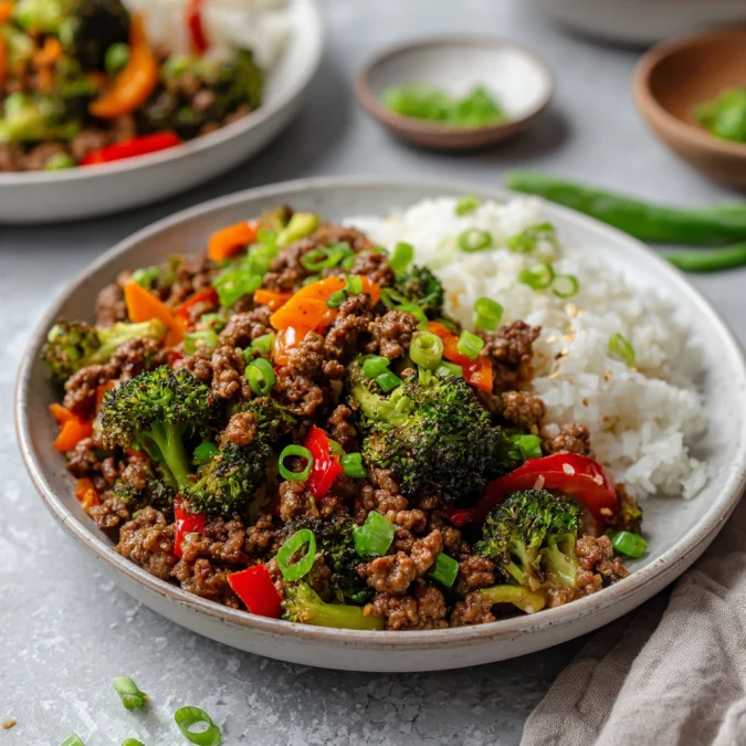 Ground beef stir fry with frozen vegetables served over white rice and cauliflower rice