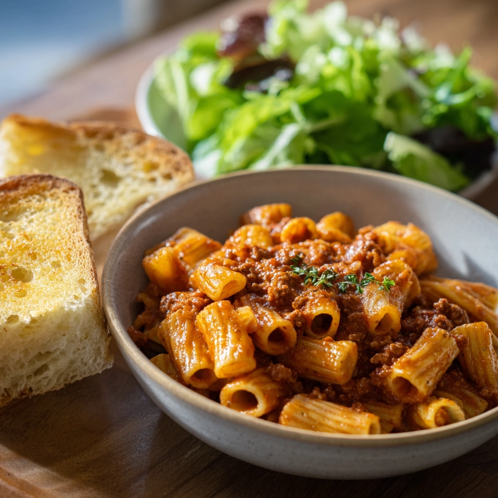 Macaroni bolognese served with garlic bread and a fresh green salad