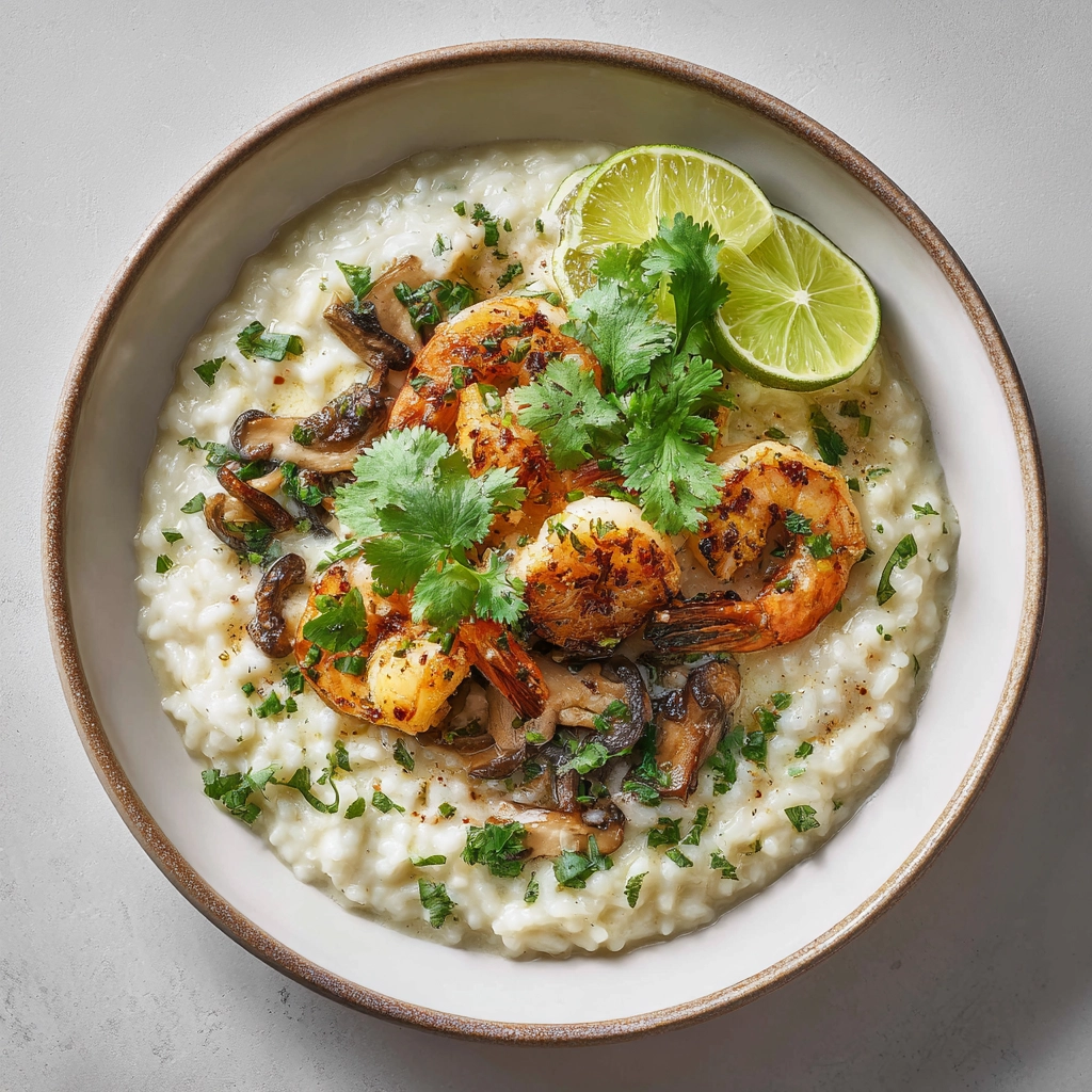 Lemongrass risotto served with grilled shrimp and sautéed mushrooms, garnished with fresh herbs and lime wedges