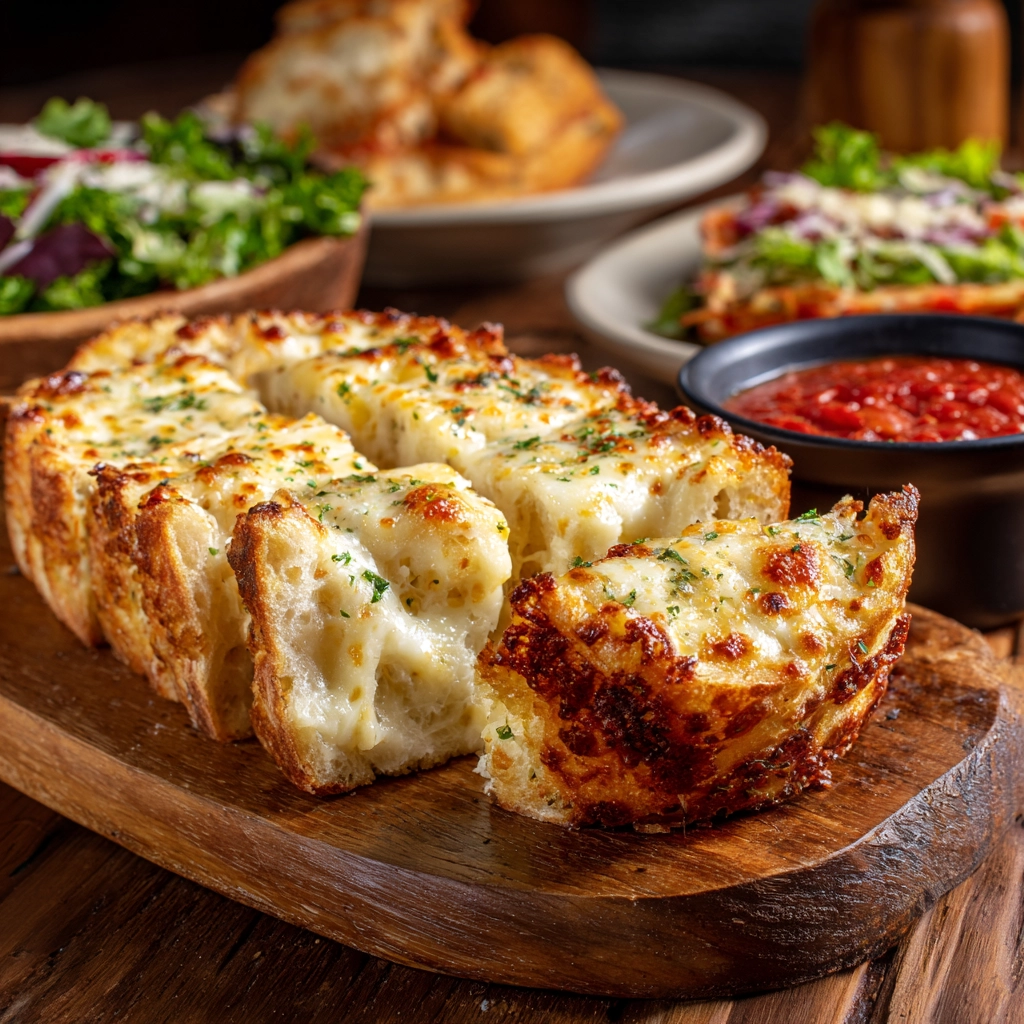 Baked Cunetto’s garlic cheese bread served with marinara sauce, lasagna, and Caesar salad as an Italian appetizer