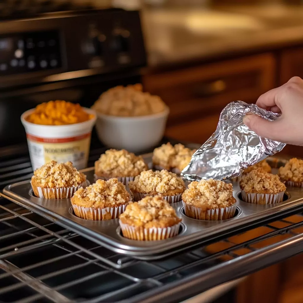 Freshly baked pumpkin muffins on oven rack with crumb topping