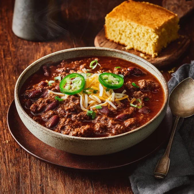 Boots and Sonny’s chili served hot with shredded cheese, onions, jalapeños, and cornbread on the side