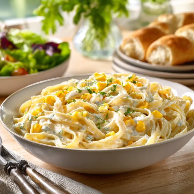 Creamy Souper Salad fettuccine pasta salad with sweet corn served chilled in a bowl