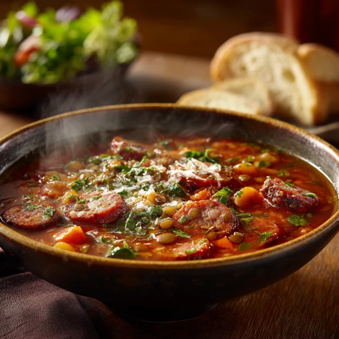 Carrabba’s sausage and lentil soup served hot with crusty bread, Parmesan cheese, and olive oil in a rustic Italian-style setting