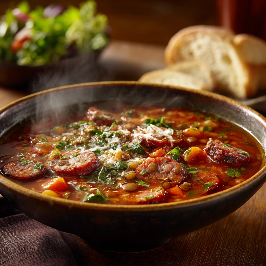 Carrabba’s sausage and lentil soup served hot with crusty bread, Parmesan cheese, and olive oil in a rustic Italian-style setting