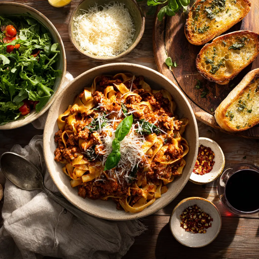 Courteney Cox chicken Bolognese with garlic ciabatta, arugula salad, roasted tomatoes and mushrooms