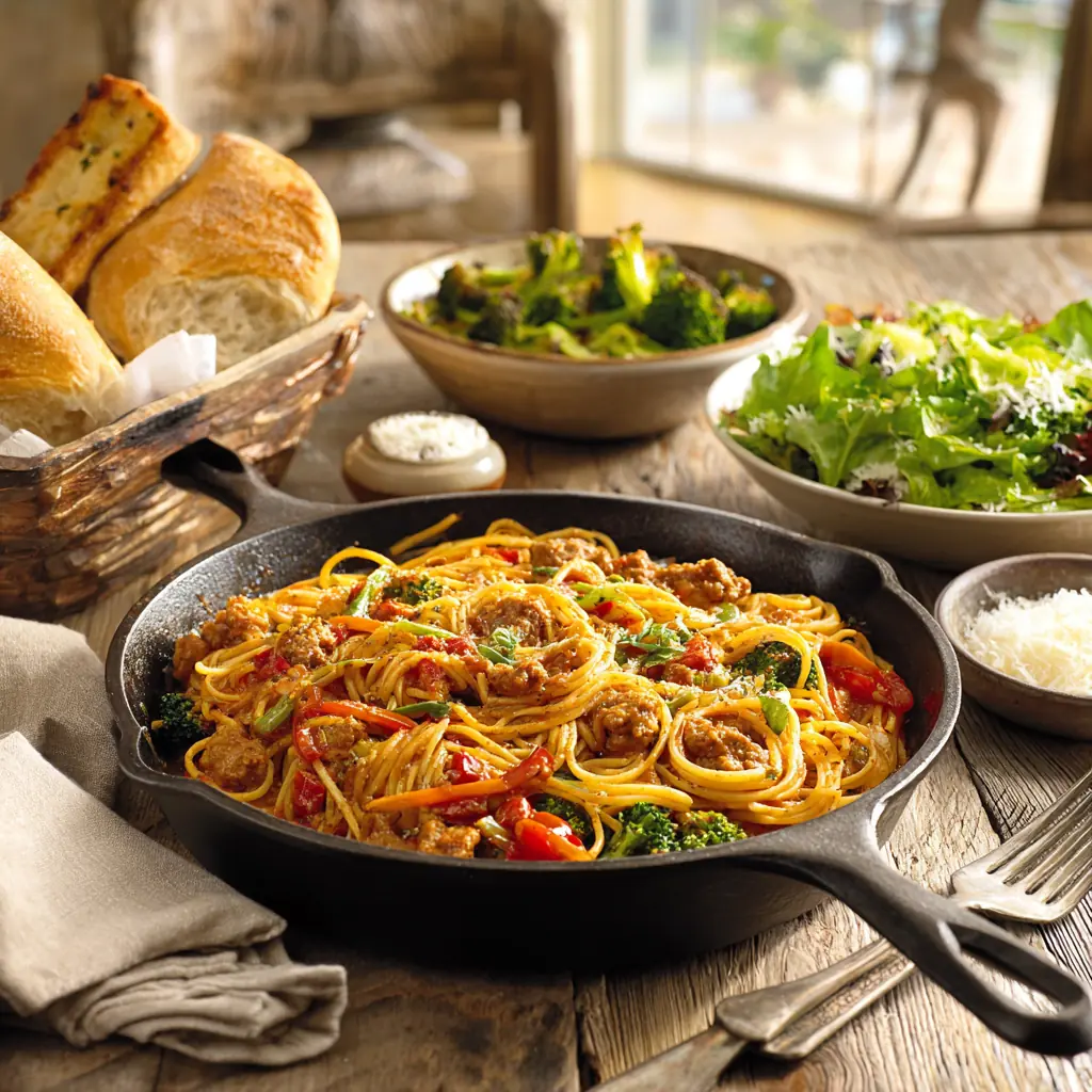 Johnny Carino’s skilletini served in a cast-iron skillet with green salad, roasted broccoli, garlic breadsticks