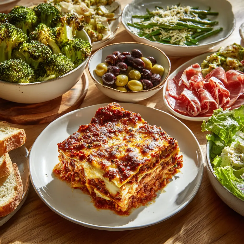 Slice of Tony Bennett’s mother’s lasagna served with olives, roasted peppers, salami, garlic-roasted vegetables, garlic bread