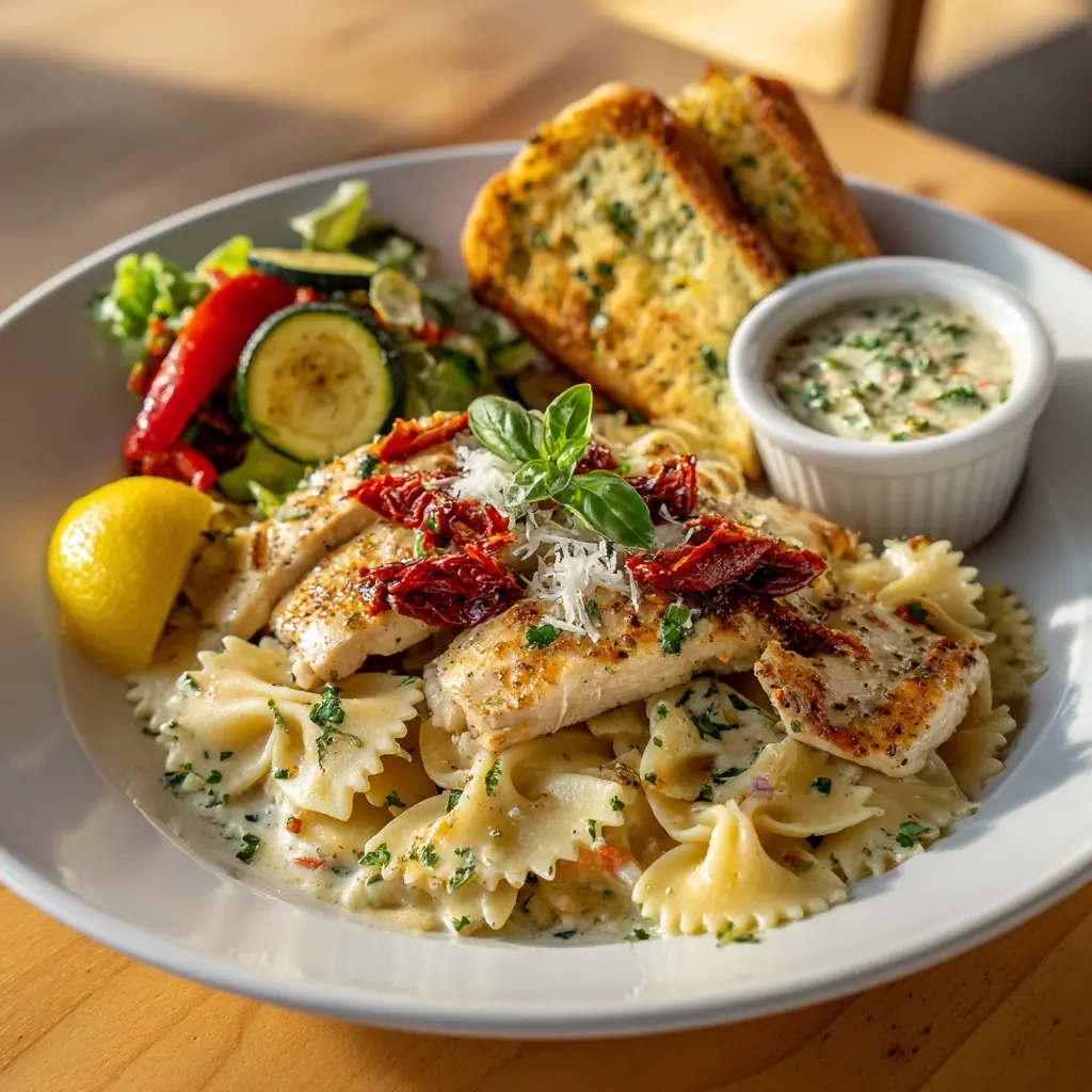 Spicy Romano Chicken over farfalle in creamy Romano sauce with sliced chicken