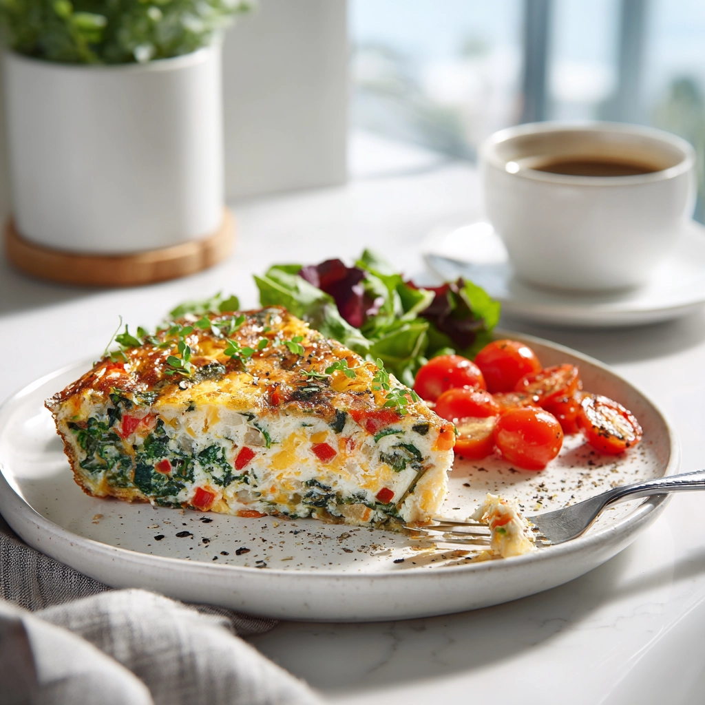Plated slice of vegetable fatata frittata with salad tomatoes and coffee on breakfast table