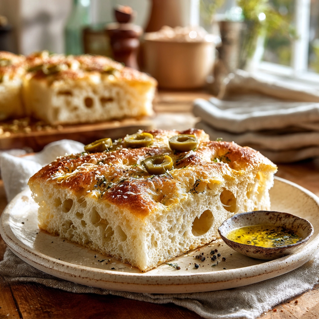 Slice of Joanna Gaines focaccia bread on a plate with olive oil dip showing airy interior and golden crust