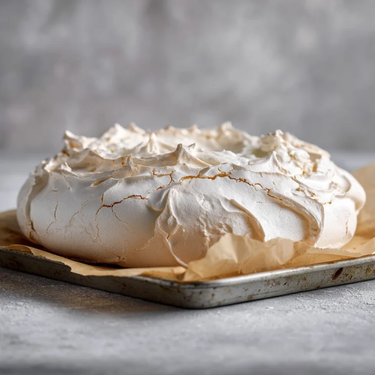 Baked pavlova shell cooled with crisp exterior and light cracks Baked pavlova shell cooled with crisp exterior and light cracks