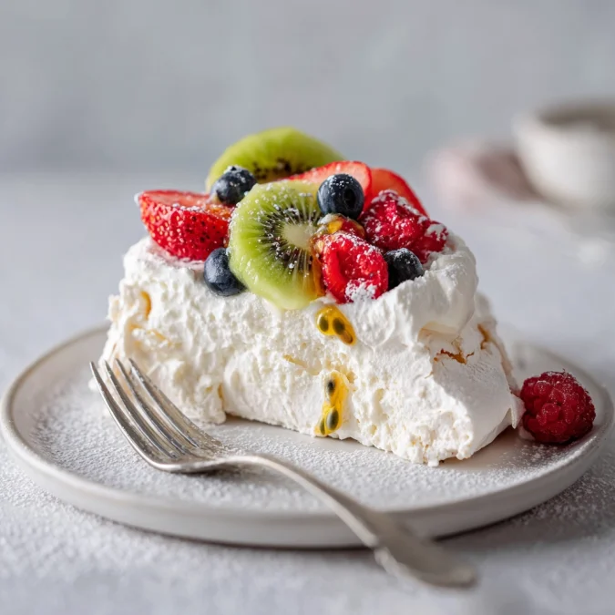 Slice of Naomi Watts pavlova recipe topped with whipped cream, strawberries, kiwi, raspberries, blueberries, and passionfruit on a white dessert plate.