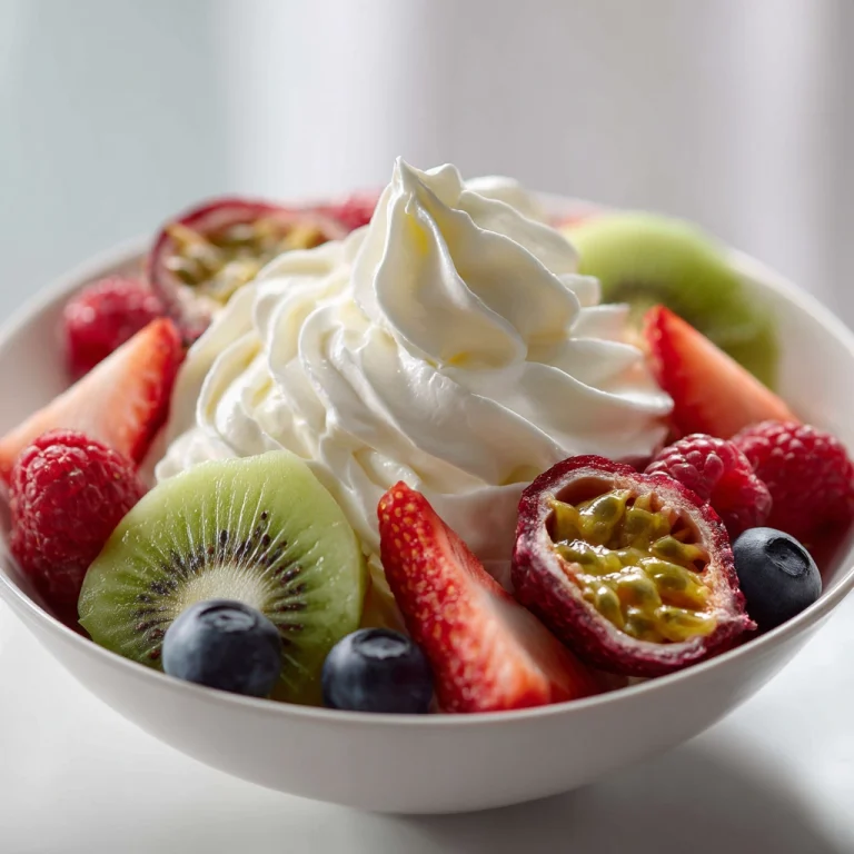 Whipped cream and fresh fruit prepared for pavlova topping Whipped cream and fresh fruit prepared for pavlova topping