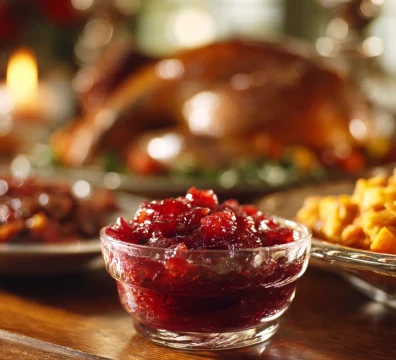 Zehnder’s cranberry relish served at a rustic holiday meal with traditional Thanksgiving dishes