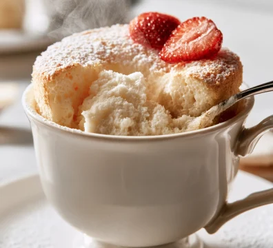 Angel Food Mug Cake with a light and fluffy texture topped with strawberries and powdered sugar